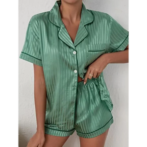 Women’s Striped Cropped Shirt + Shorts Pajama Set - Green