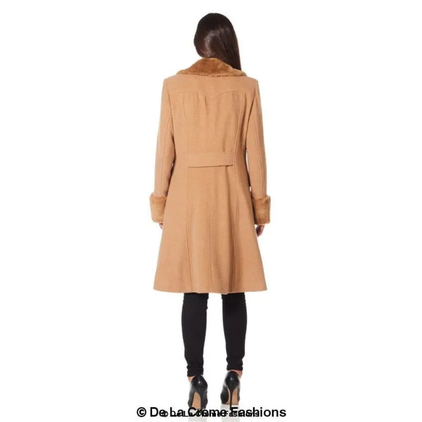 Womens Wool Blend Faux Fur Trim Midi Coat - Coats & Jackets