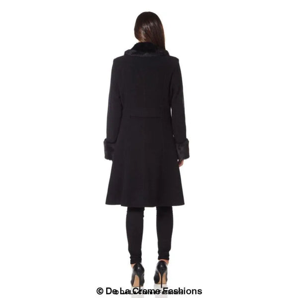 Womens Wool Blend Faux Fur Trim Midi Coat - Coats & Jackets