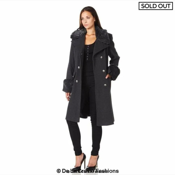 Womens Wool Blend Faux Fur Trim Midi Coat - Coats & Jackets