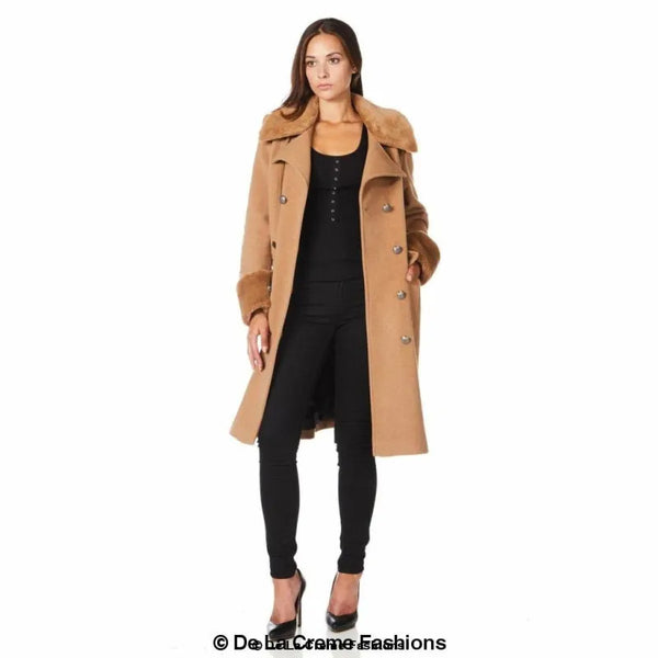 Womens Wool Blend Faux Fur Trim Midi Coat - Coats & Jackets