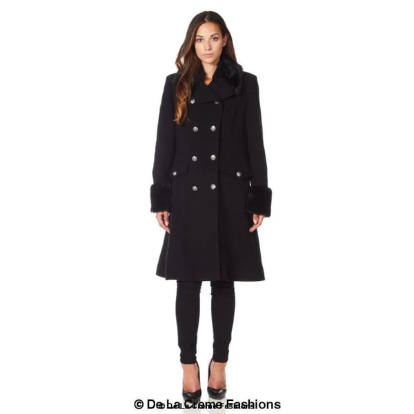 Womens Wool Blend Faux Fur Trim Midi Coat - Coats & Jackets