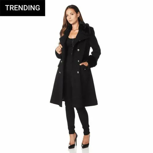 Womens Wool Blend Faux Fur Trim Midi Coat - UK 16/EU 44/US