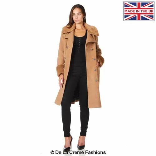 Womens Wool Blend Faux Fur Trim Midi Coat - UK 8/EU 36/US 4