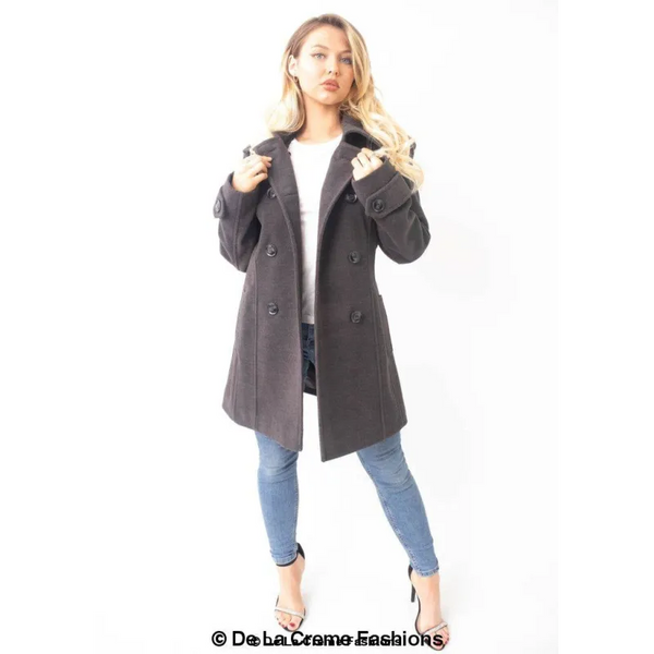 Womens Wool Feel Double Breasted Hooded Coat - Jackets &