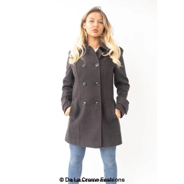 Womens Wool Feel Double Breasted Hooded Coat - Jackets &