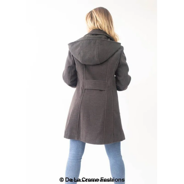 Womens Wool Feel Double Breasted Hooded Coat - Jackets &