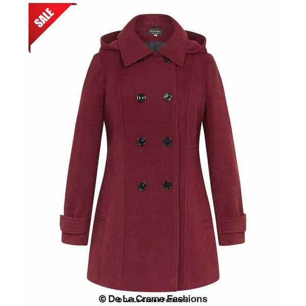 Womens Wool Feel Double Breasted Hooded Coat - UK 8/EU 36/US