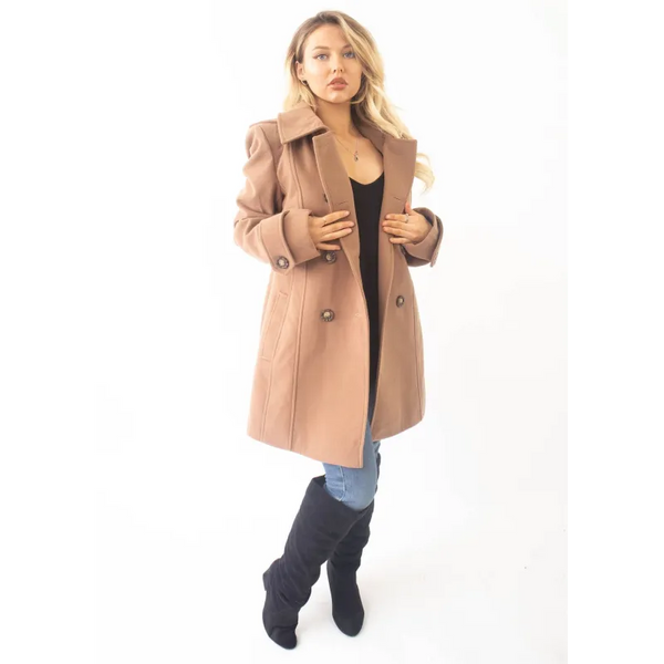 Wool Feel Double Breasted Hooded Coat - Coats & Jackets