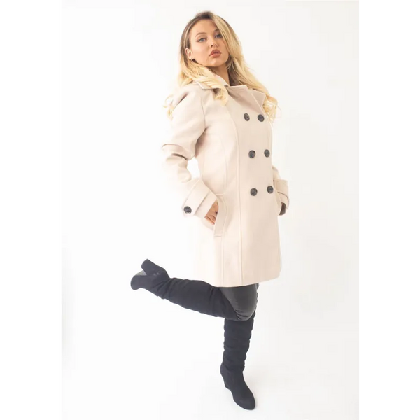 Wool Feel Double Breasted Hooded Coat - Coats & Jackets