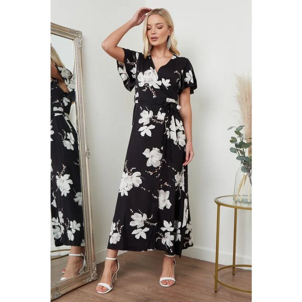 Wrap Front Maxi Dress In Black Floral Print - Dresses