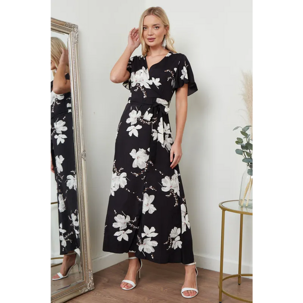 Wrap Front Maxi Dress In Black Floral Print - Dresses