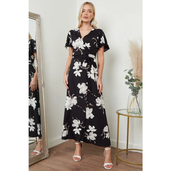 Wrap Front Maxi Dress In Black Floral Print - Dresses