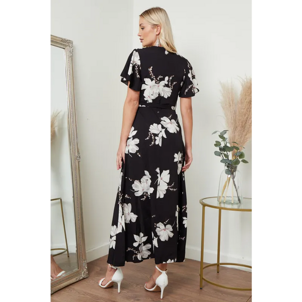 Wrap Front Maxi Dress In Black Floral Print - Dresses