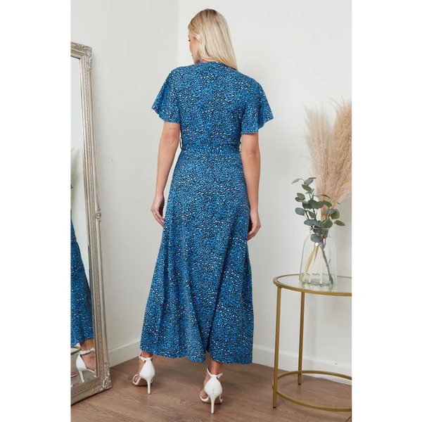 Wrap Front Maxi Dress In Blue Animal Print - Dresses