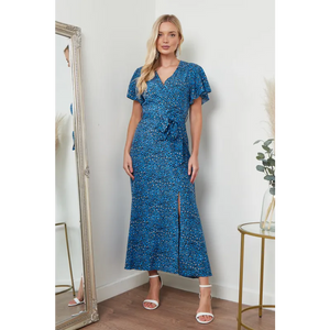 Wrap Front Maxi Dress In Blue Animal Print - Dresses