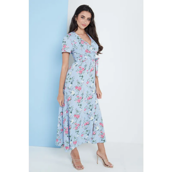 Wrap Front Maxi Dress In Blue Floral Print - Dresses