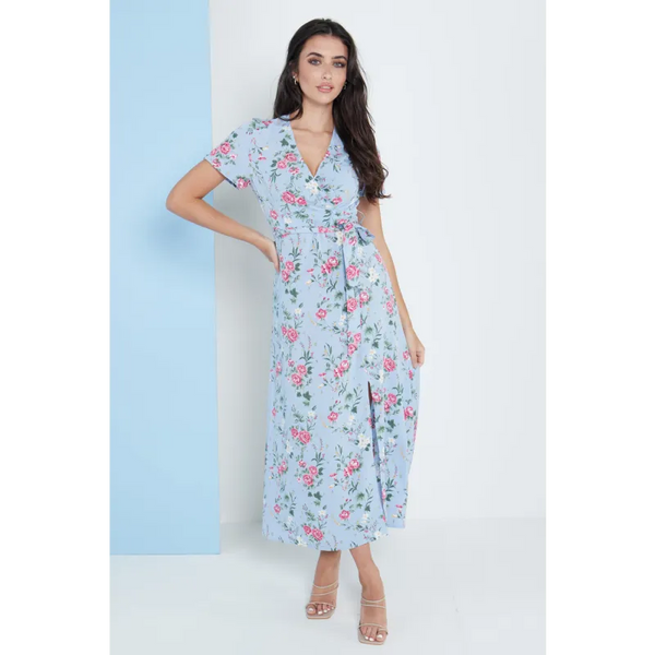 Wrap Front Maxi Dress In Blue Floral Print - Dresses