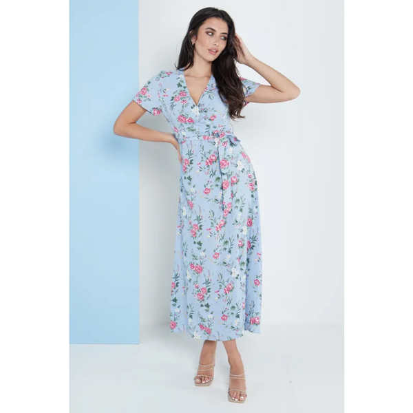 Wrap Front Maxi Dress In Blue Floral Print - Dresses