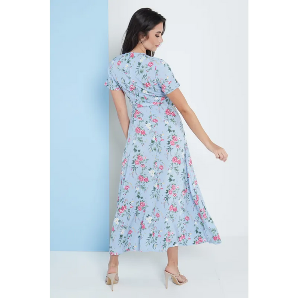 Wrap Front Maxi Dress In Blue Floral Print - Dresses