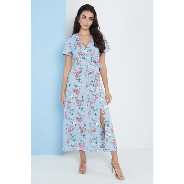 Wrap Front Maxi Dress In Blue Floral Print - Dresses