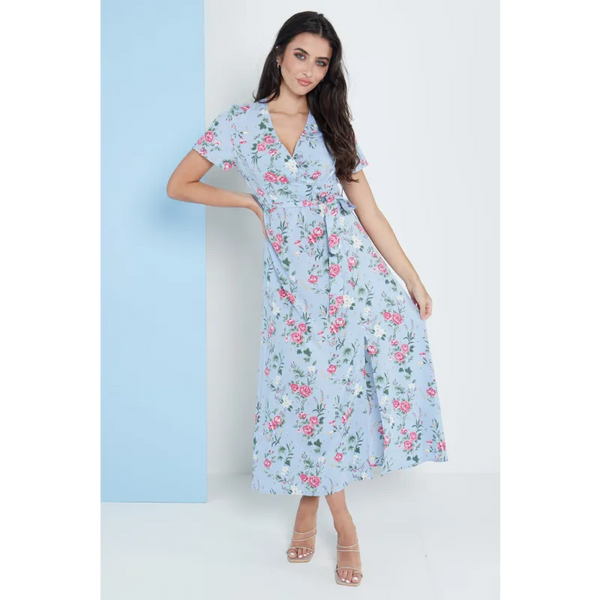 Wrap Front Maxi Dress In Blue Floral Print - Dresses