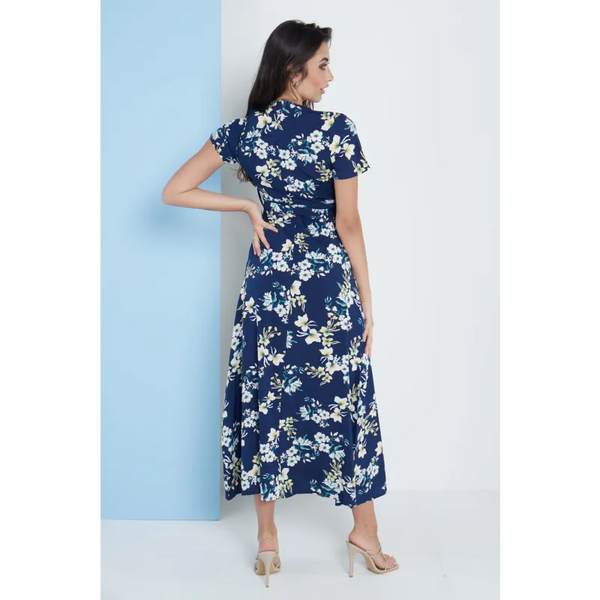 Wrap Front Maxi Dress In Navy Blue Floral Print - Dresses