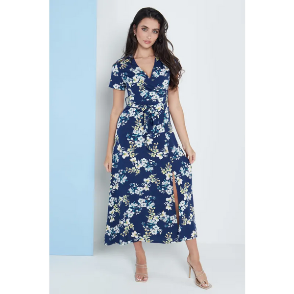 Wrap Front Maxi Dress In Navy Blue Floral Print - Dresses