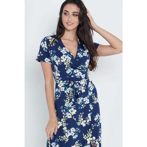 Wrap Front Maxi Dress In Navy Blue Floral Print - Dresses