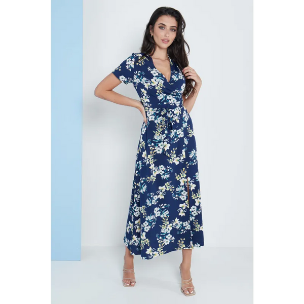 Wrap Front Maxi Dress In Navy Blue Floral Print - Dresses