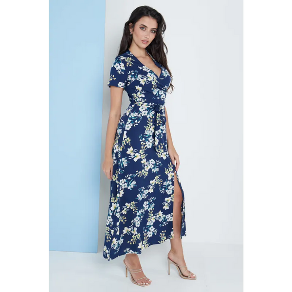 Wrap Front Maxi Dress In Navy Blue Floral Print - Dresses