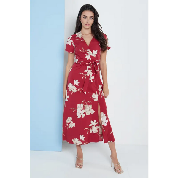 Wrap Front Maxi Dress In Red Floral Print - Dresses