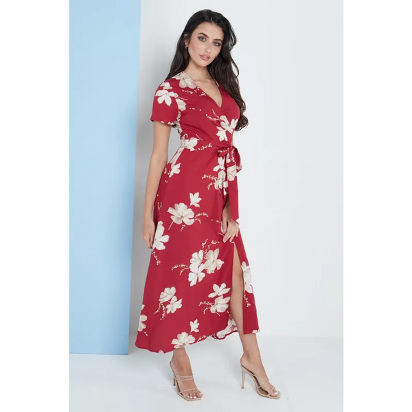 Wrap Front Maxi Dress In Red Floral Print - Dresses