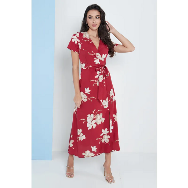 Wrap Front Maxi Dress In Red Floral Print - Dresses