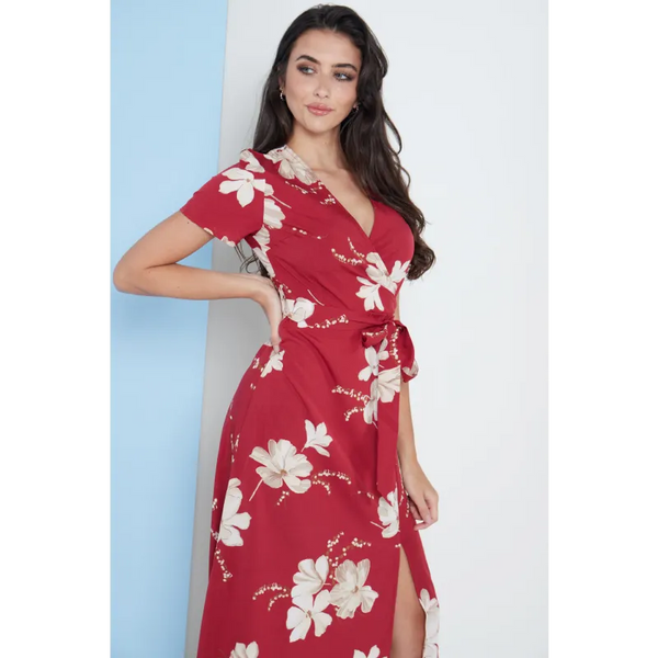 Wrap Front Maxi Dress In Red Floral Print - Dresses