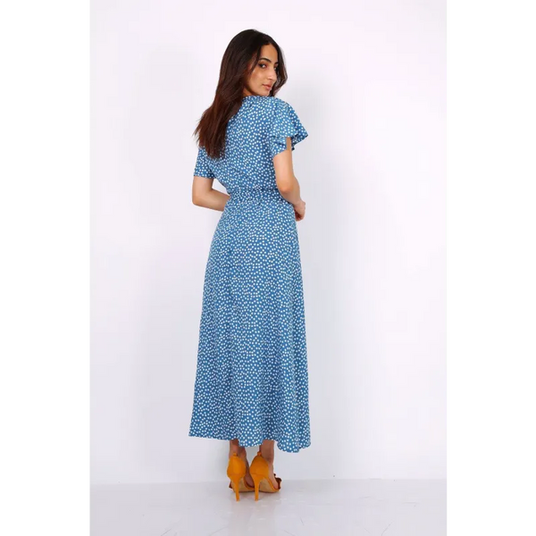 Wrap Front Split Leg Maxi Dress In Blue Daisy Dot Print -