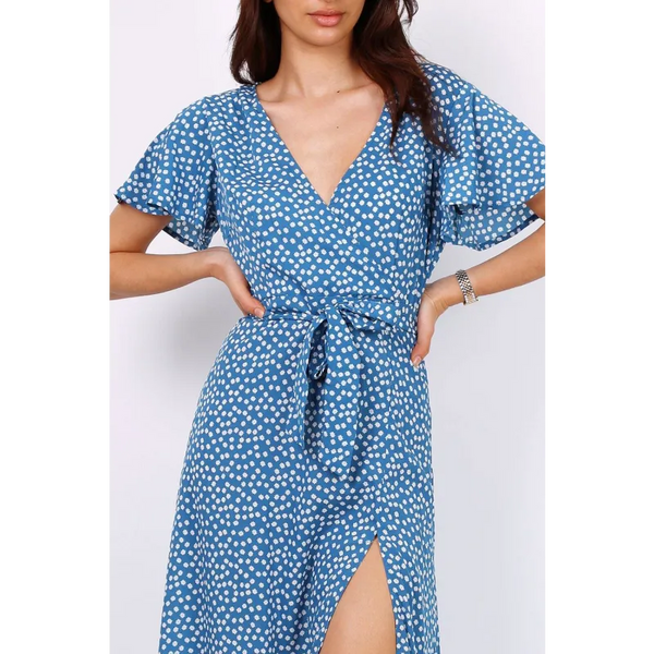 Wrap Front Split Leg Maxi Dress In Blue Daisy Dot Print -