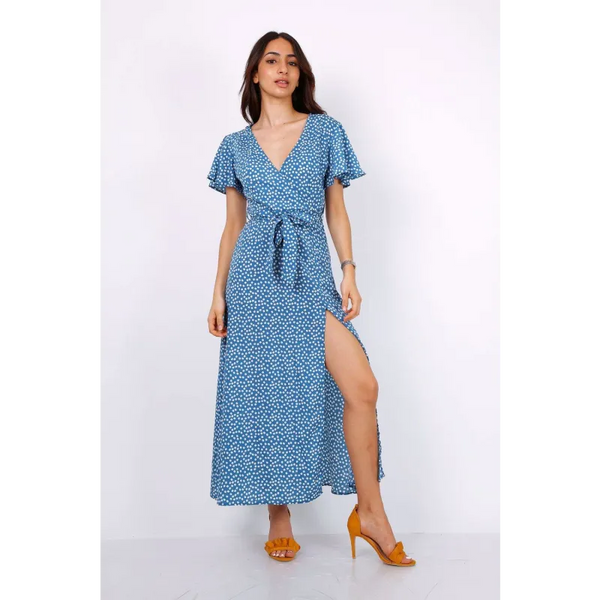 Wrap Front Split Leg Maxi Dress In Blue Daisy Dot Print -