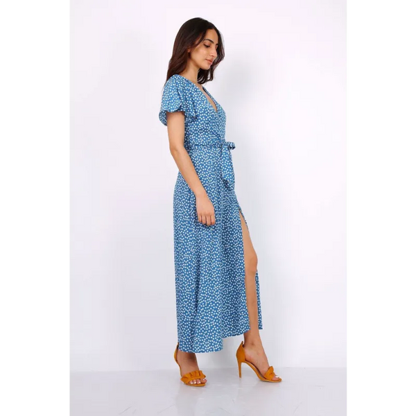 Wrap Front Split Leg Maxi Dress In Blue Daisy Dot Print -